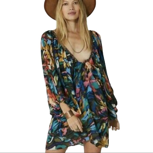 Jen's Pirate Booty x Free People Orissa M Black Blue Abstract Chiffon Mini Dress - Picture 4 of 11